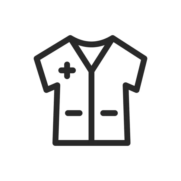 Icono de bata médica para médicos y trabajadores de primeros auxilios y pacientes. Manga corta, bolsillos. Ilustración lineal de línea delgada vectorial. Esquema editable para web, UI — Vector de stock