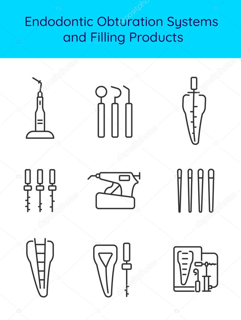 Endodontic Obturation Systems and Filling Products icon set . Root canal treatment. Endodontist dentist equipment and tools. Vector illustration. Editable stroke