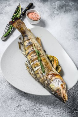 Pişmiş turna balığı, turna balığı. Gri arka plan. Üst görünüm.