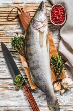 Taze Zander, bitkilerle doldur. Çiğ balık. Beyaz arka plan. Üst görünüm.