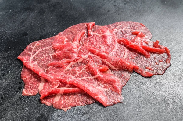 Slices Beef Capriccio Raw Meat Black Background Top View — Stock Photo, Image