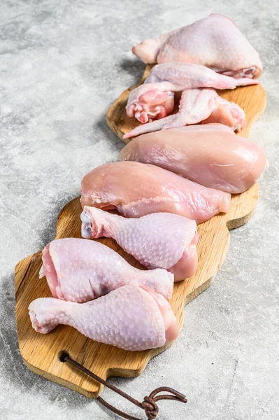 Raw Uncooked Chicken Meat Cutting Board Gray Background Top View — Stock Photo, Image