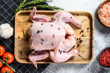 Bütün lapayı pişirme kavramı. Biberiye, pembe tuz, sarımsak ve kiraz domatesleri. Gri arka plan. Üst görünüm.