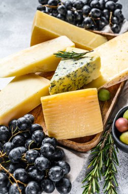 Üzüm, kraker, zeytin ve fındık ile servis edilen peynir tabağı. Çeşit çeşit lezzetli atıştırmalıklar. Gri arka plan. Üst görünüm.