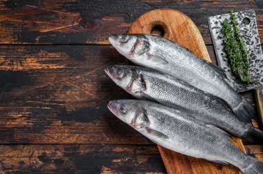 Kesme tahtasındaki taze çiğ deniz kabuğu. Koyu ahşap arka plan. Üst Manzara. Boşluğu kopyala.