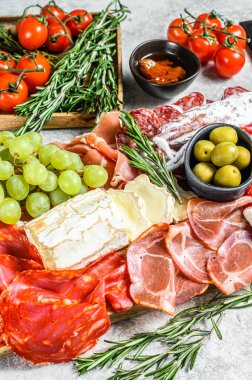 Antipasto tabağı. Sosisli, jambonlu, jambonlu, jambonlu, pastırmalı, zeytinli soğuk füme et tabağı. Aperatif çeşitleri. Gri arka plan. Üst görünüm.