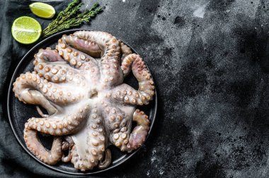 Pişirme malzemeleri, limon, kekik ve biberli taze ahtapot. Siyah arka plan. Üst Manzara. Boşluğu kopyala.