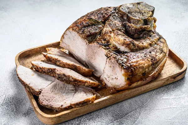Roast Sliced Pork Knuckle Leg Meat Gray Background Top View — Stock Photo, Image