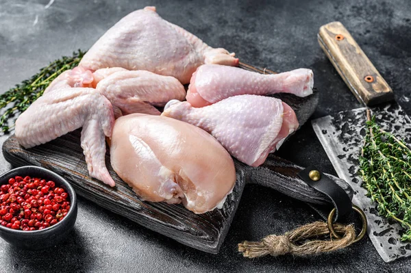 Fresh Raw Chicken Meat Wings Breast Thigh Drumsticks Black Background — Stock Photo, Image