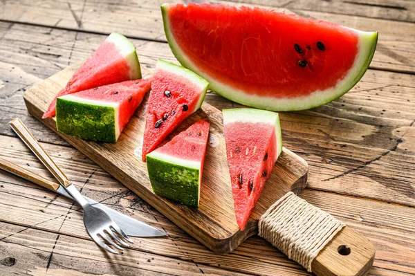 Heap Fresh Red Sliced Watermelon Wooden Background Top View — Stock Photo, Image