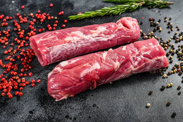 Fresh Raw Pork Tenderloin Pepper Rosemary Black Background Top View — Stock Photo, Image