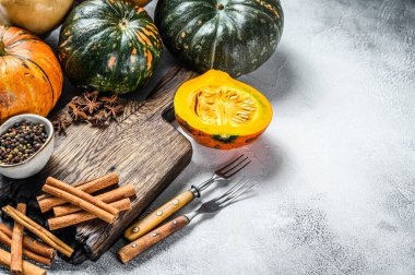 Şükran Günü veya sonbahar balkabağı tatilinde yemek pişirme geçmişi. Beyaz arka plan. Üst Manzara. Boşluğu kopyala.