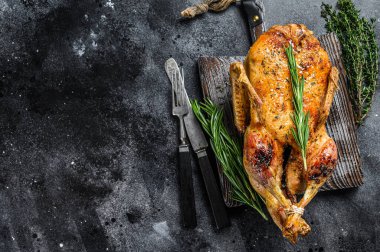 Fırında elmayla doldurulmuş ördek rostosu, şenlikli noel tarifi. Siyah arka plan. Üst Manzara. Boşluğu kopyala.