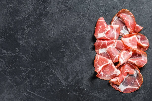 Coppa Capocollo Carne Capicollo Fundo Preto Vista Superior Espaço Cópia — Fotografia de Stock