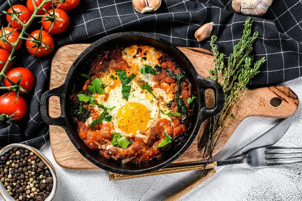 Reggeli Sült Tojással Paradicsom Shakshuka Serpenyőben Török Tradicionális Ételek Szürke — Stock Fotó