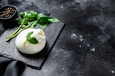 Basil yapraklı Mozzarella Burrata peyniri. Siyah arka plan. Üst Manzara. Boşluğu kopyala.