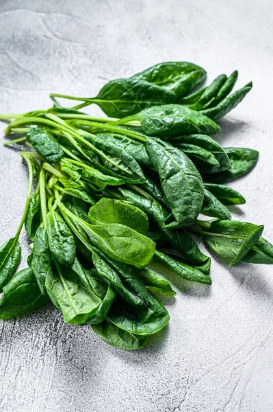 Taş bir masada çiğ ıspanak yaprakları. Beyaz arka plan. Üst görünüm.