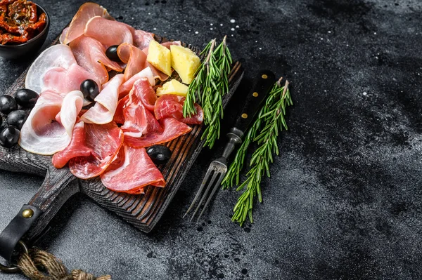Set Smoked Dried Meat Ham Salted Meat Jamon Herbs Black — Stock Photo, Image