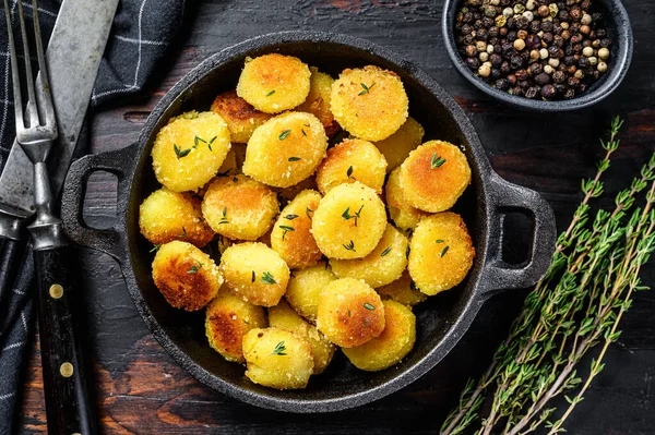 Gnocchi Pommes Terre Maison Frit Dans Une Poêle Fond Bois — Photo