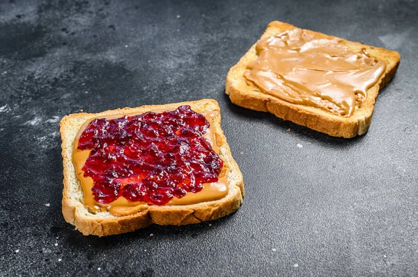 Peanut Butter Jelly White Bread Toasts Black Background Top View — Stock Photo, Image