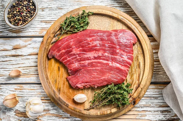 Bistecca Ferro Grezzo Tagliere Carne Fresca Manzo Marmo Nero Angus — Foto Stock