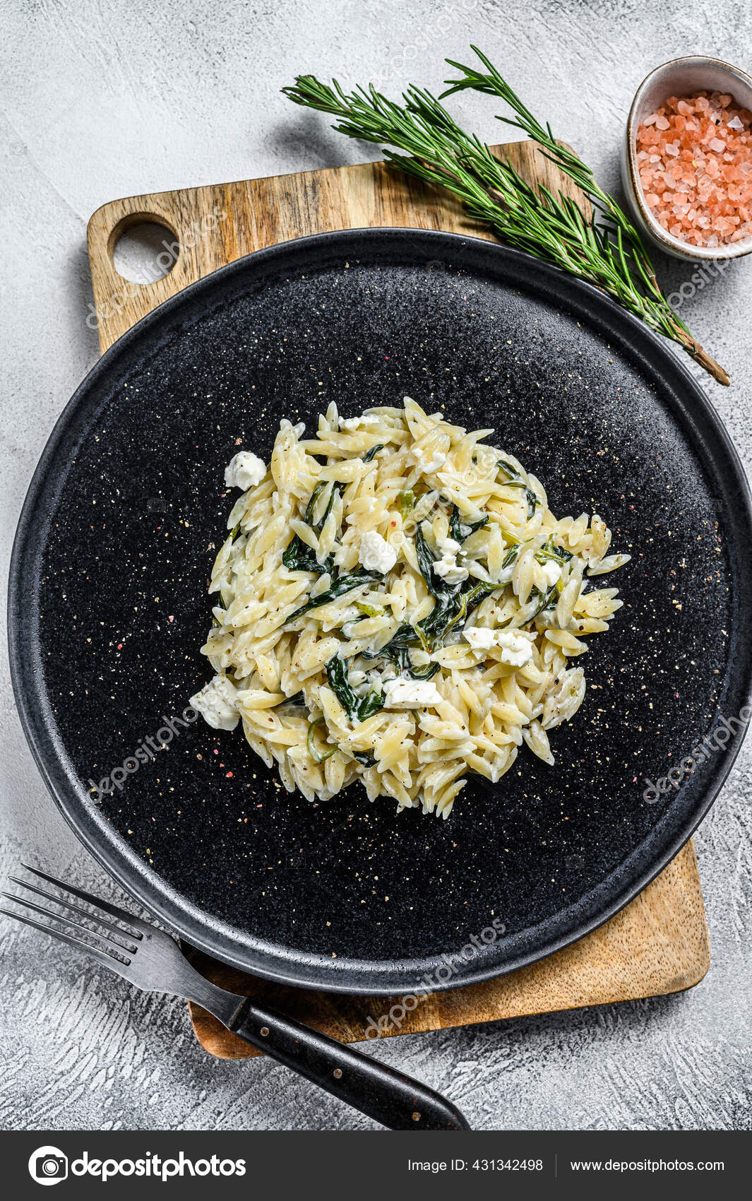 Spinach Feta Orzo Pasta Plate White Background Top View Stock Photo by
