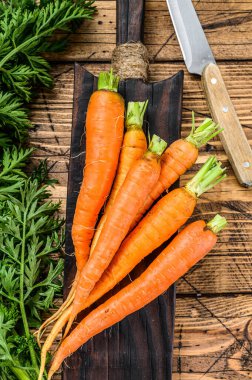 Çiftçilerin tepesi kesilmiş taze havuçlar. Ahşap arka plan. Üst görünüm.