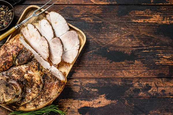 Roasted Sliced Pork Ham Shank Meat Dark Wooden Background Top — Stock Photo, Image