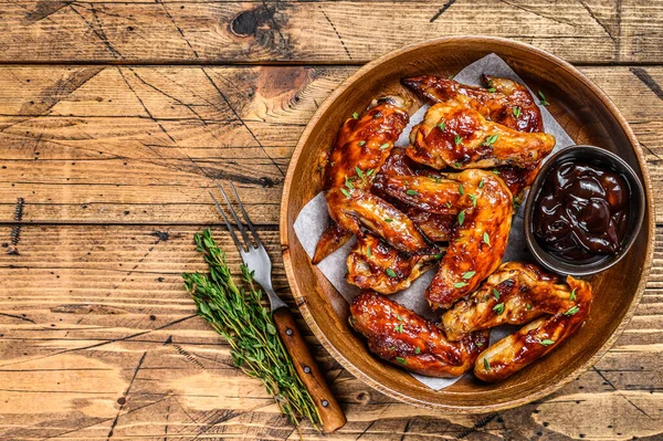 Grilled Chicken Wings Bbq Sauce Wooden Background Top View Copy — Stock Photo, Image