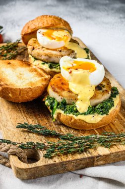 Balık fileto, yumurta ve ıspanaklı nefis balık burgeri. Gri arka plan. Üst görünüm.