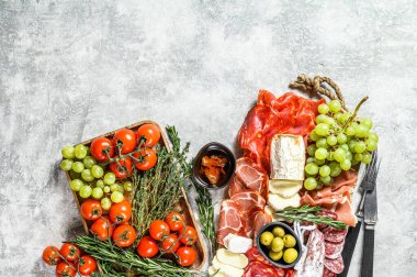 Üzümlü soğuk et, prosciutto, jambon, kurutulmuş et, sucuklu salam, fuet, camembert ve keçi peyniri. Gri arka plan. Üst Manzara. Boşluğu kopyala.