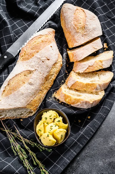 Artisanal Baguettes Cut Slice Butter Black Background Top View — Stock Photo, Image