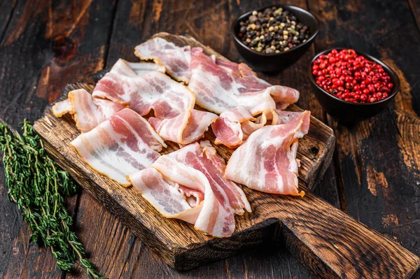 Raw Pork Bacon Meat Slices Wooden Cutting Board Dark Wooden — Stock Photo, Image
