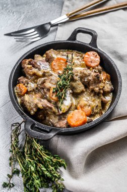 Fırında tavuk ciğeri, kızarmış tavada soğanla birlikte sakatat. Beyaz arka plan. Üst görünüm.