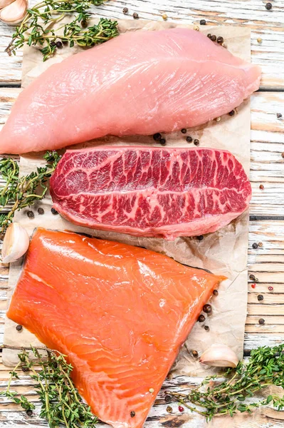 Raw Salmon Beef Turkey Herbs Fresh Organic Meat White Wooden — Stock Photo, Image