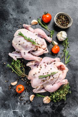 Baharatlı taze çiğ tavuk, aşçılık geçmişi. Siyah arka plan. Üst görünüm.