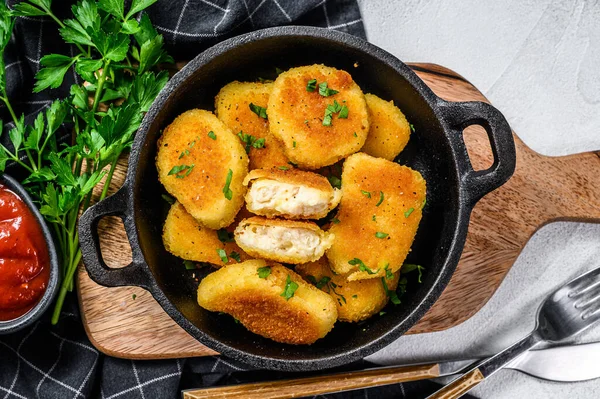 Crispy Fried Chicken Nuggets Pan Ketchup Herbs White Background Top — Stock Photo, Image