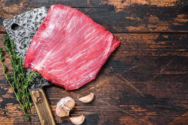 Falda Cruda Carne Res Filete Carne Mármol Una Cuchilla Fondo —  Fotos de Stock