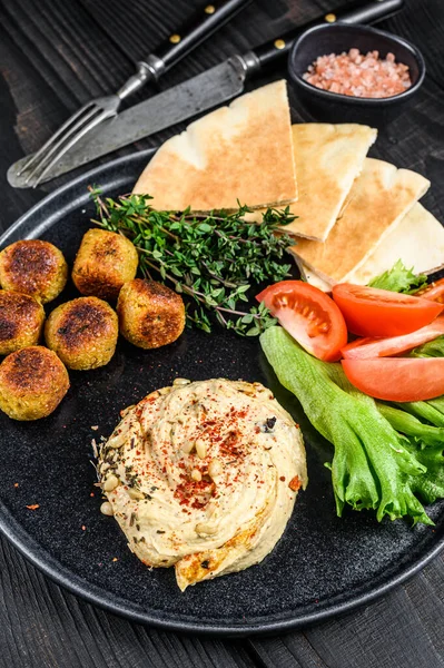 Arabic Cuisine Hummus Chickpea Falafel Pita Bread Fresh Vegetables Black — Stock Photo, Image