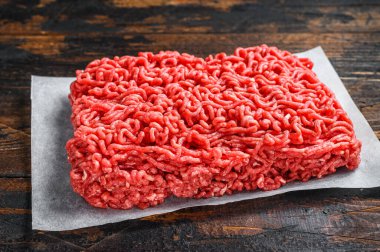 Çiğ Mince Ground eti. Koyu ahşap arka plan. Üst görünüm