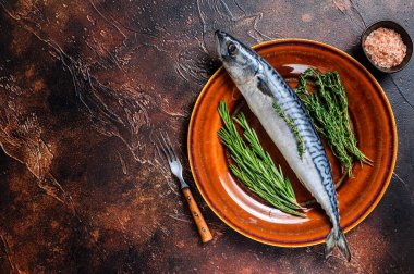 Tuzlu balık uskumrusu ve otlar. Koyu kahverengi arka plan. Üst Manzara. Boşluğu kopyala.