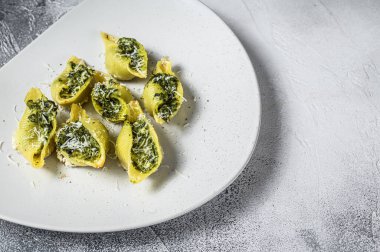 Konkiloni Jumbo kabuklu Konchiglioni makarnası ve ıspanak tabağı. Beyaz arka plan. Üst Manzara. Boşluğu kopyala