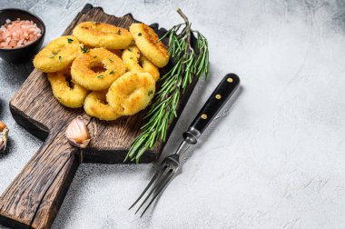 Kızarmış kalamar ve soğan halkaları. Beyaz arka plan. Üst Manzara. Boşluğu kopyala