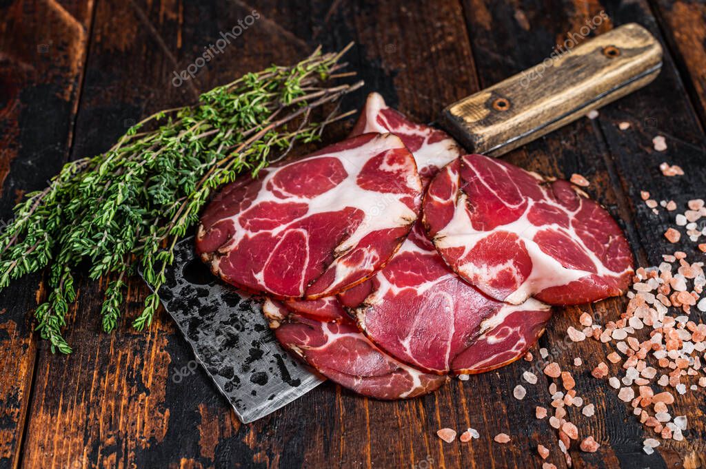 Coppa, Capocollo, Capicollo Jamón curado con cuchilla de carne. Fondo