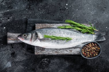 Tahtada pişmeye hazır taze çiğ deniz kabuğu ya da levrek balığı. Siyah arka plan. Üst görünüm