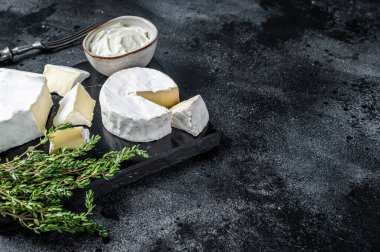 Peynir tabağı. Camembert, Brie, Gorgonzola ve kekikli mavi krem peynir. Siyah arka plan. Üst Manzara. Boşluğu kopyala