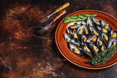 Şarap soslu deniz ürünleri midyesi ve kekik. Karanlık arka plan. Üst Manzara. Boşluğu kopyala