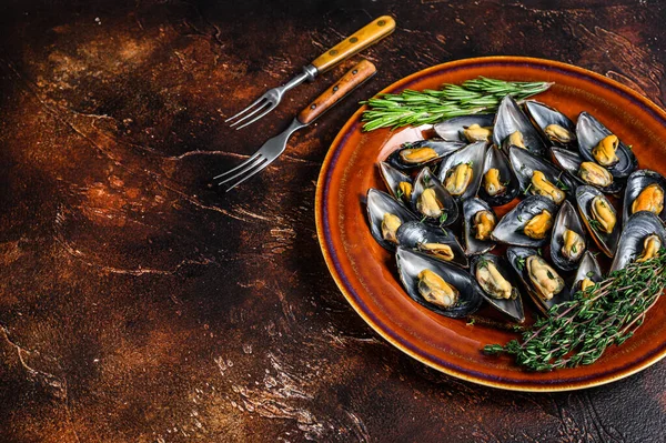 Şarap soslu deniz ürünleri midyesi ve kekik. Karanlık arka plan. Üst Manzara. Boşluğu kopyala — Stok fotoğraf