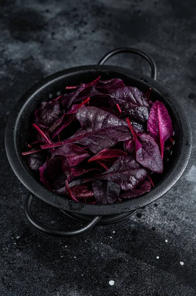 Leaves of Swiss red chard or Mangold salad in a colander. Black background. Top view