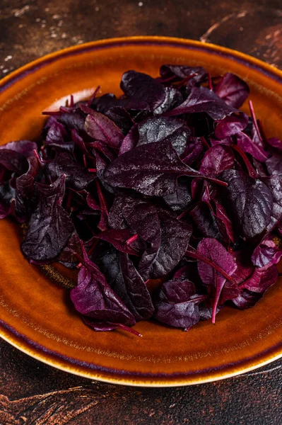 Salade crue de rubis ou de blettes rouges Feuilles sur une assiette rustique. Fond sombre. Vue du dessus — Photo